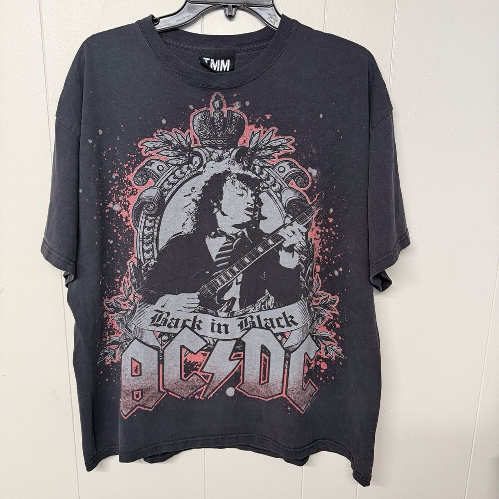 ACDC Back In Black T-Shirt Angus Young Guitar Rock Band Tee TMM Faded Men L GUC*